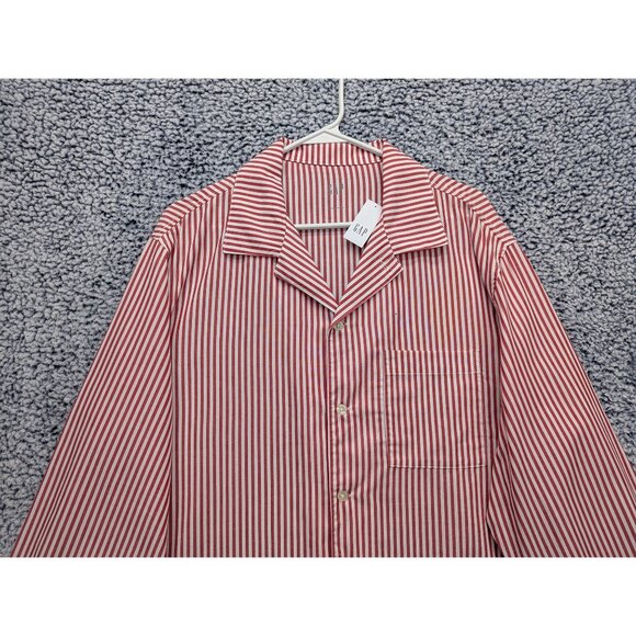 NWT GAP Sleep Poplin Shirt Mens LG Button Up Striped Long Sleeve Pajama Top Red - Picture 3 of 14
